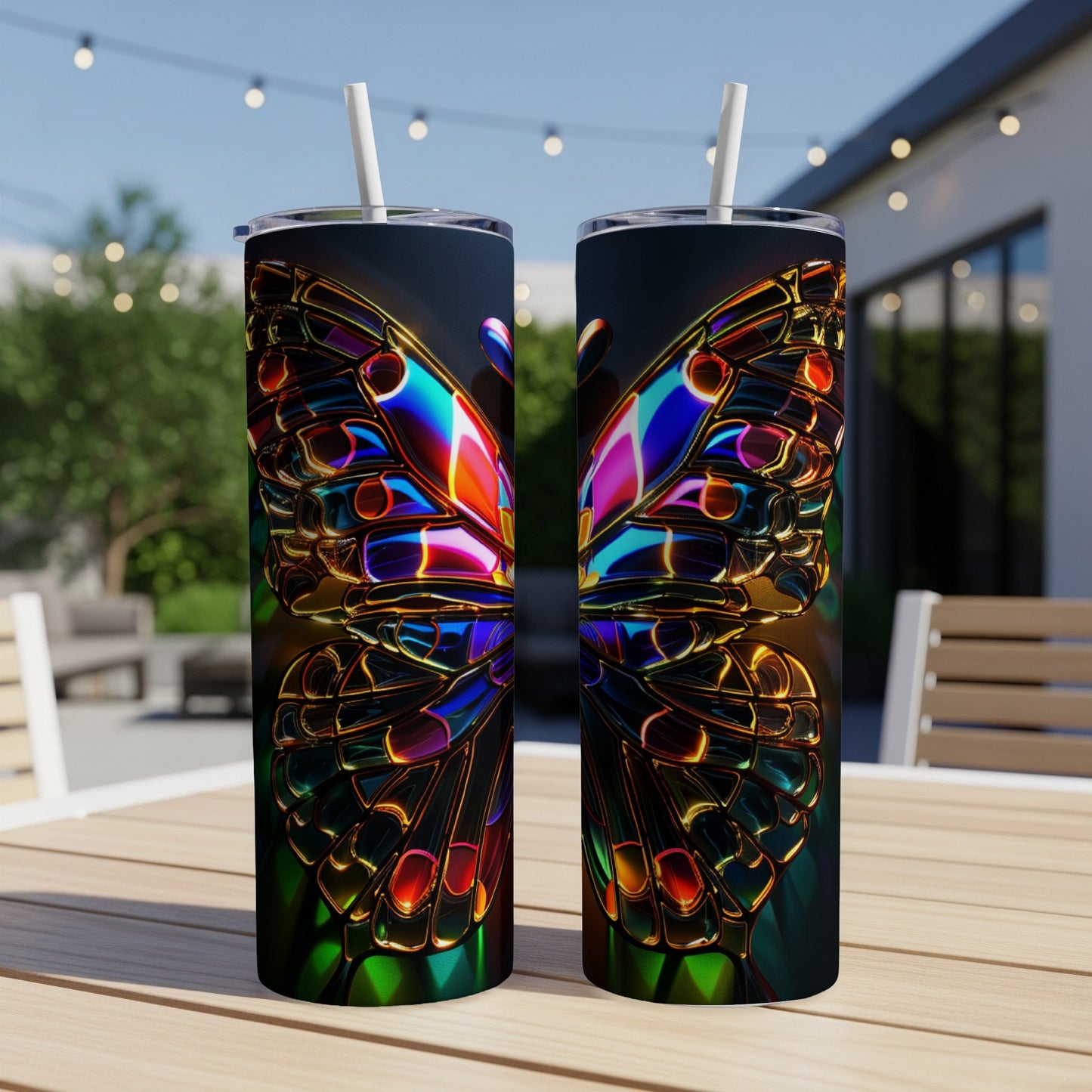 Two iridescent butterfly patterned tumblers with straws on a wooden table.