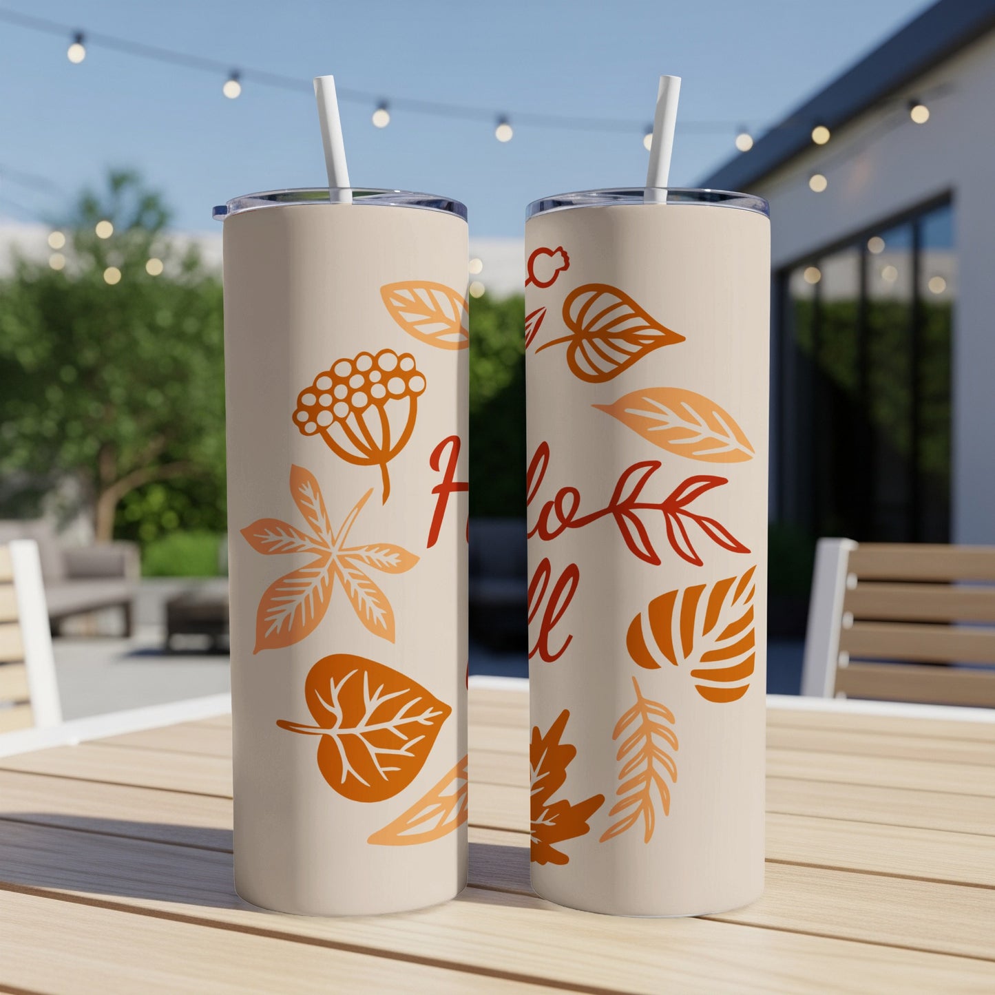 Two tumblers with "Hello Fall" text and autumn leaf designs.