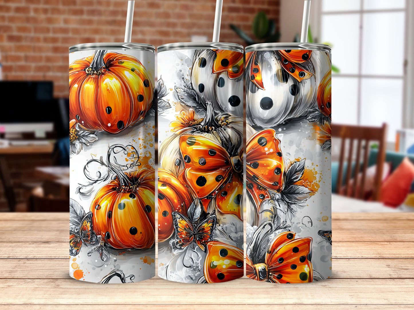 Vibrant Pumpkin and Butterfly Design Tumbler Product