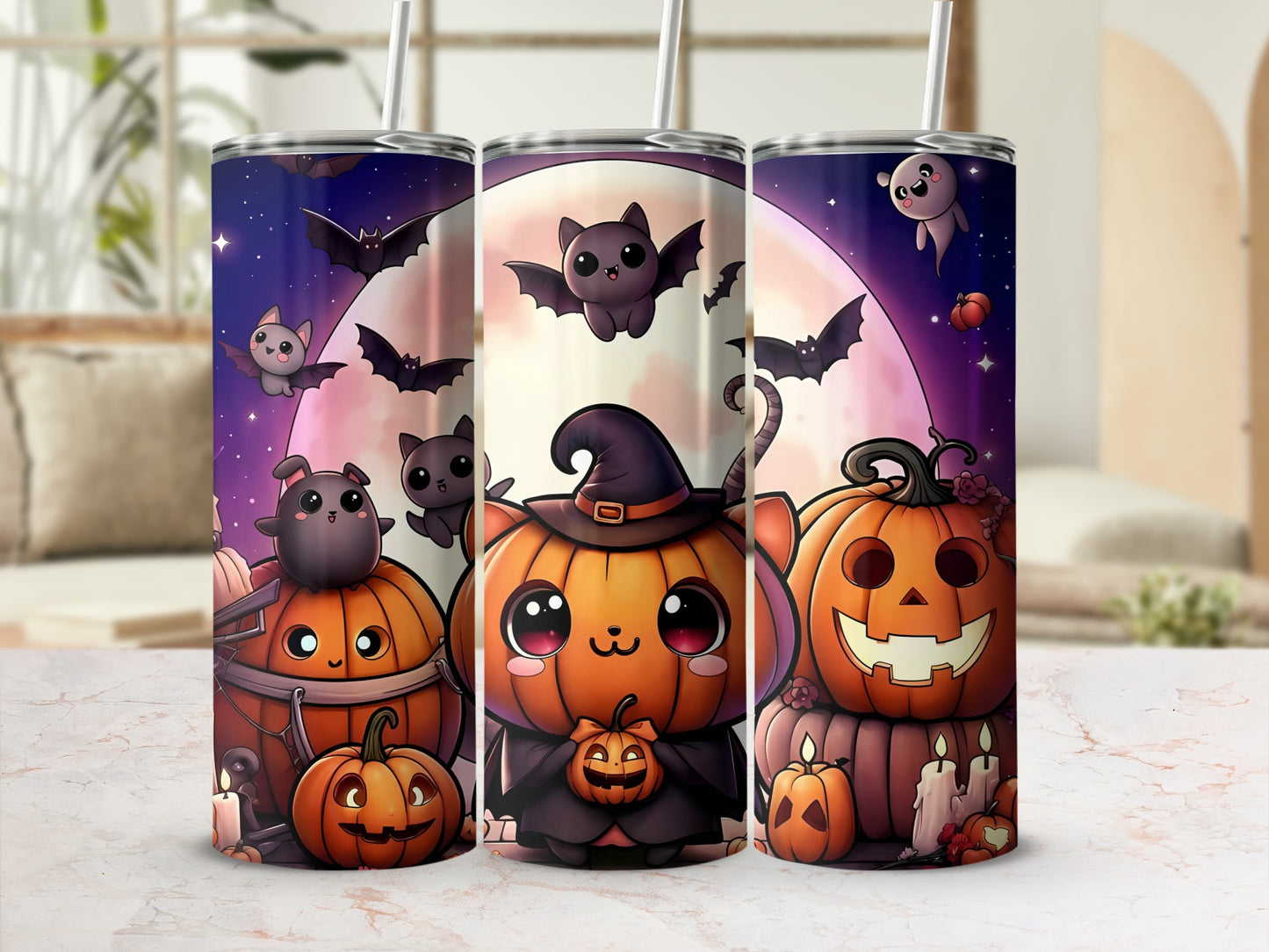 Three Halloween tumblers with kawaii pumpkins, bats, and ghosts under a pink moon.