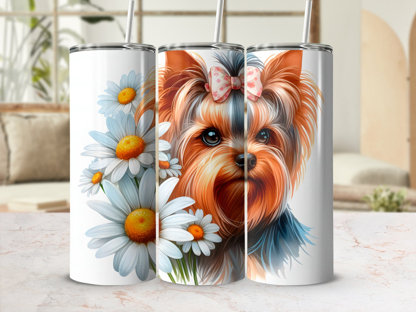 Yorkshire terrier with daisies on a tumbler, pink bow.