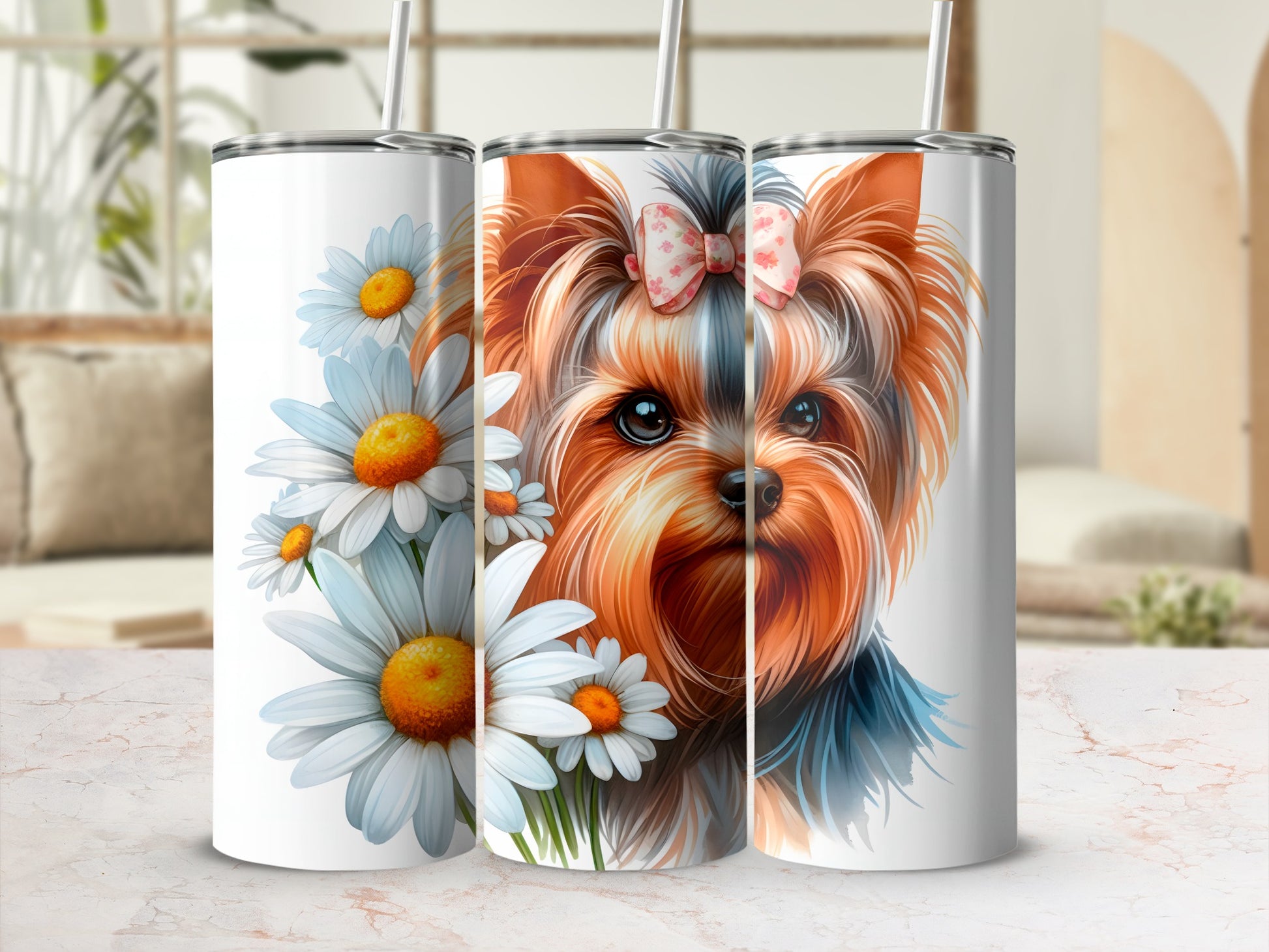 Yorkshire terrier with daisies on a tumbler, pink bow.