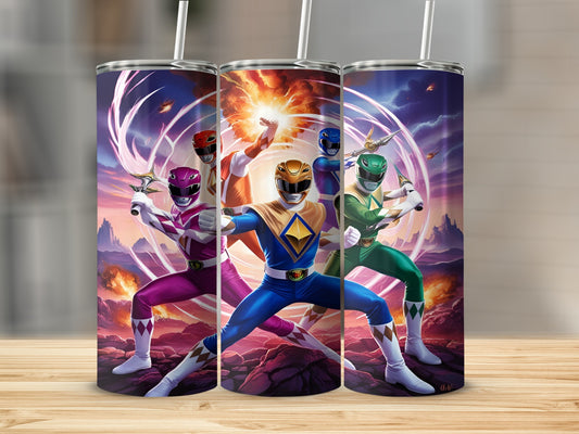 Power Rangers in fighting stances on a rocky, fiery planet.