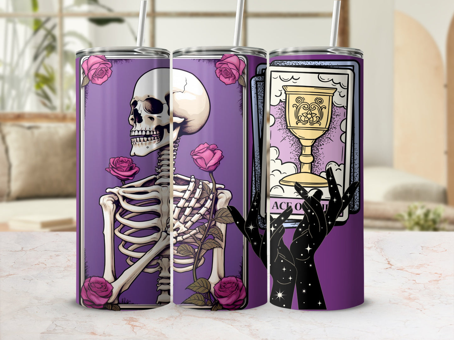 Vibrant Skeleton and Tarot Card Art Tumbler