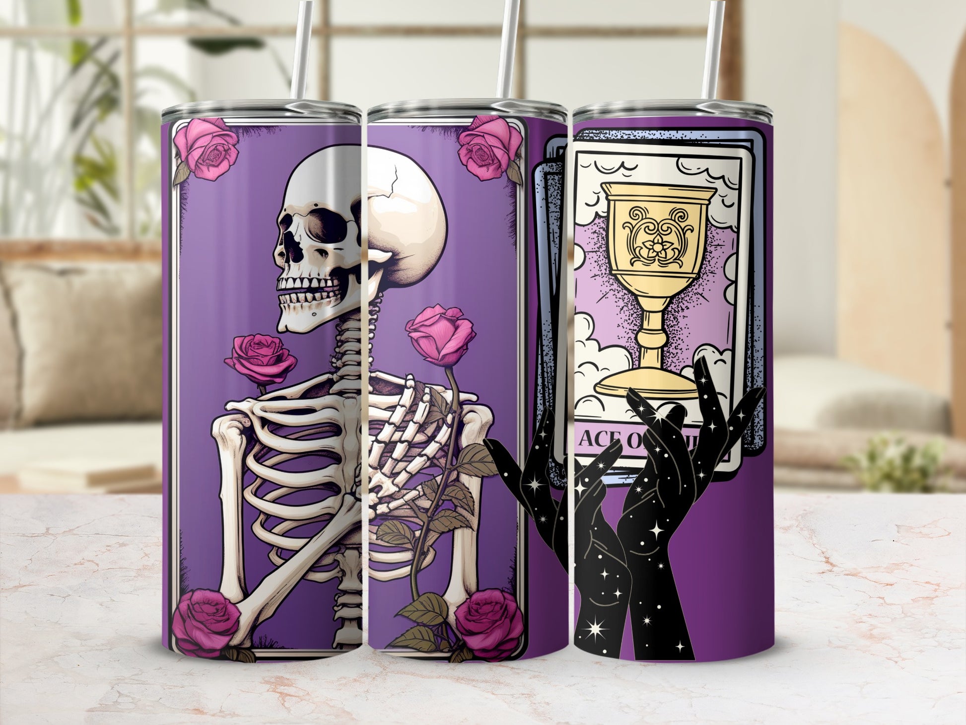 Vibrant Skeleton and Tarot Card Art Tumbler