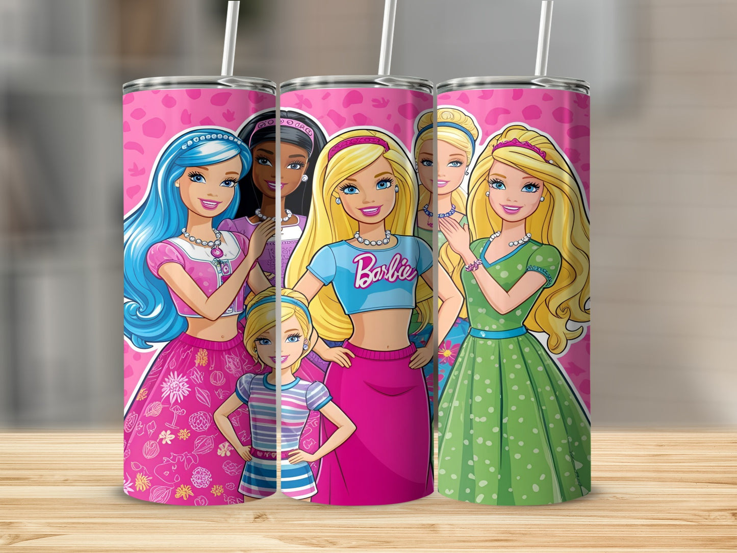 Barbie characters on a pink tumbler with white straws.