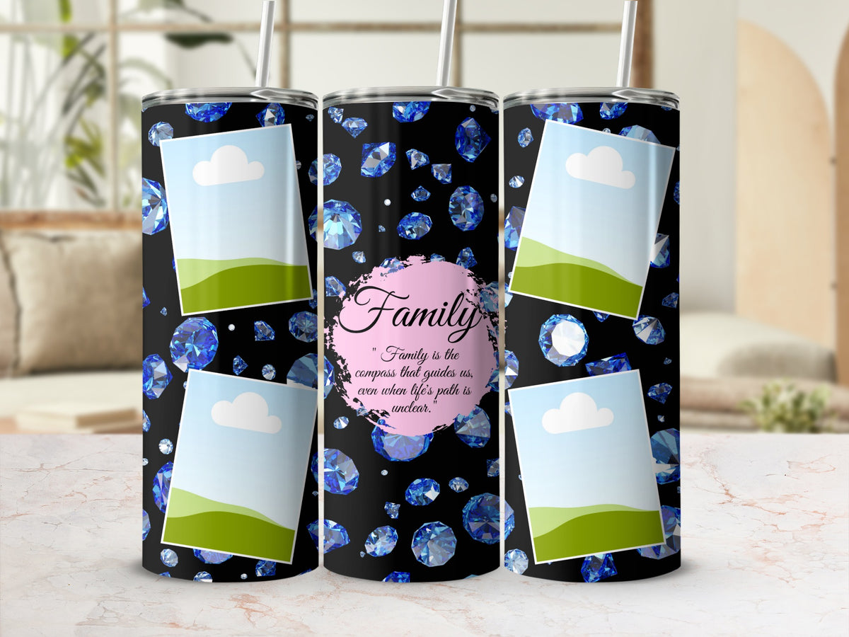 Tumbler with blue diamonds, family quote, and four photo frames.