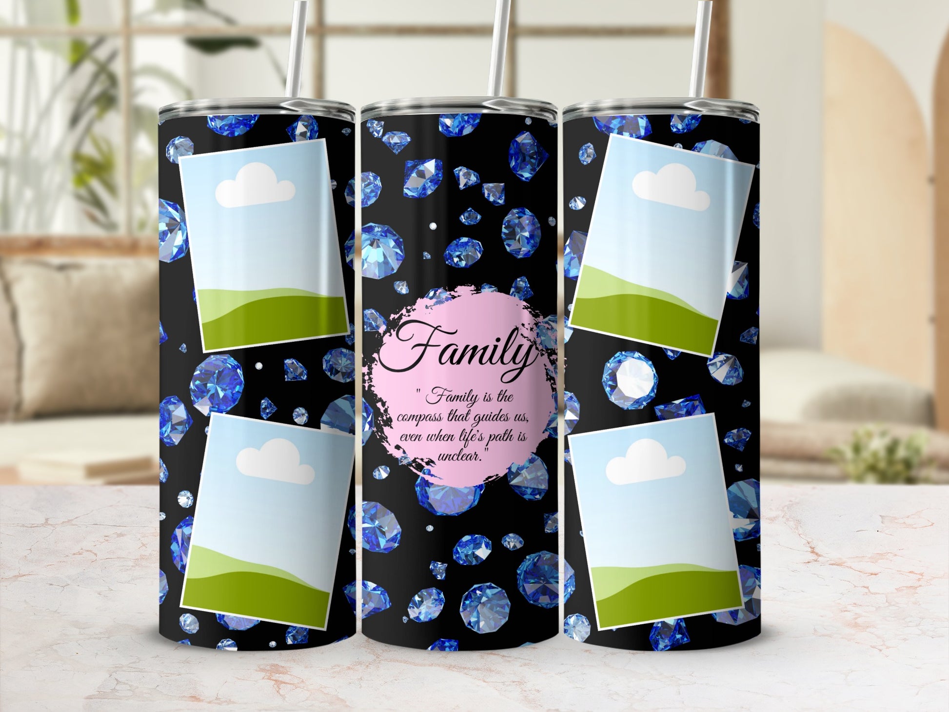 Tumbler with blue diamonds, family quote, and four photo frames.