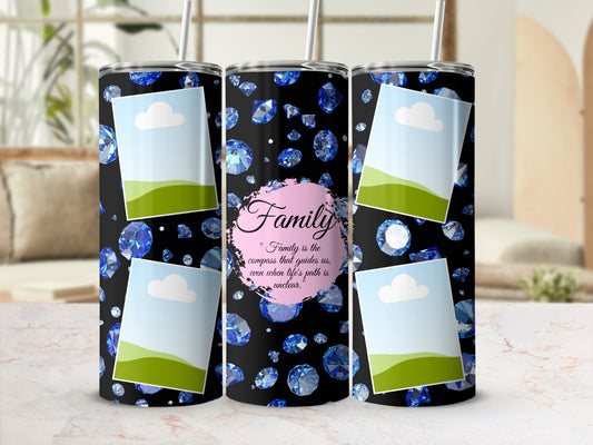 Tumbler with blue diamonds, family quote, and four photo frames.