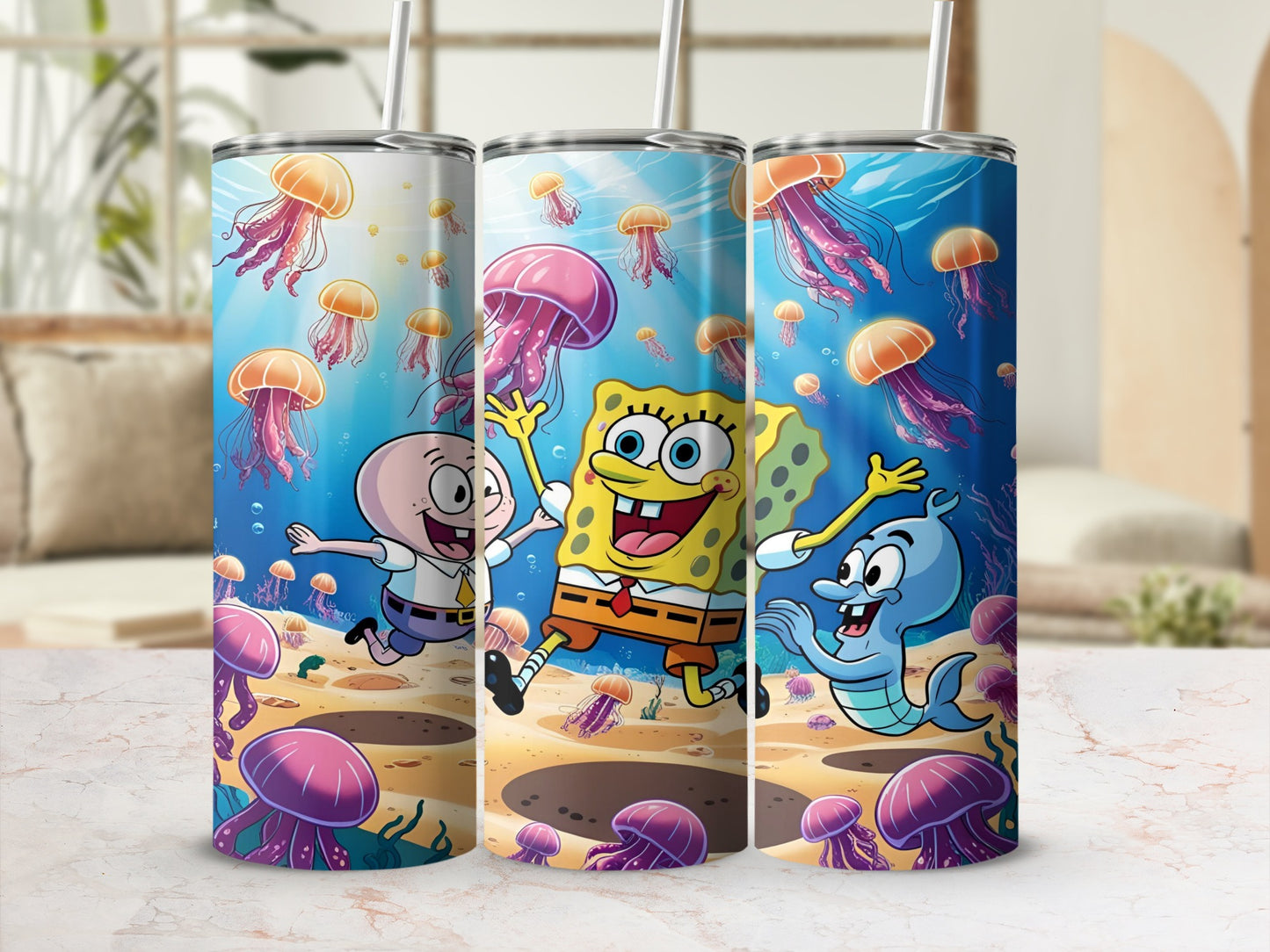 SpongeBob SquarePants characters Patrick, SpongeBob, and Gary swim with jellyfish.