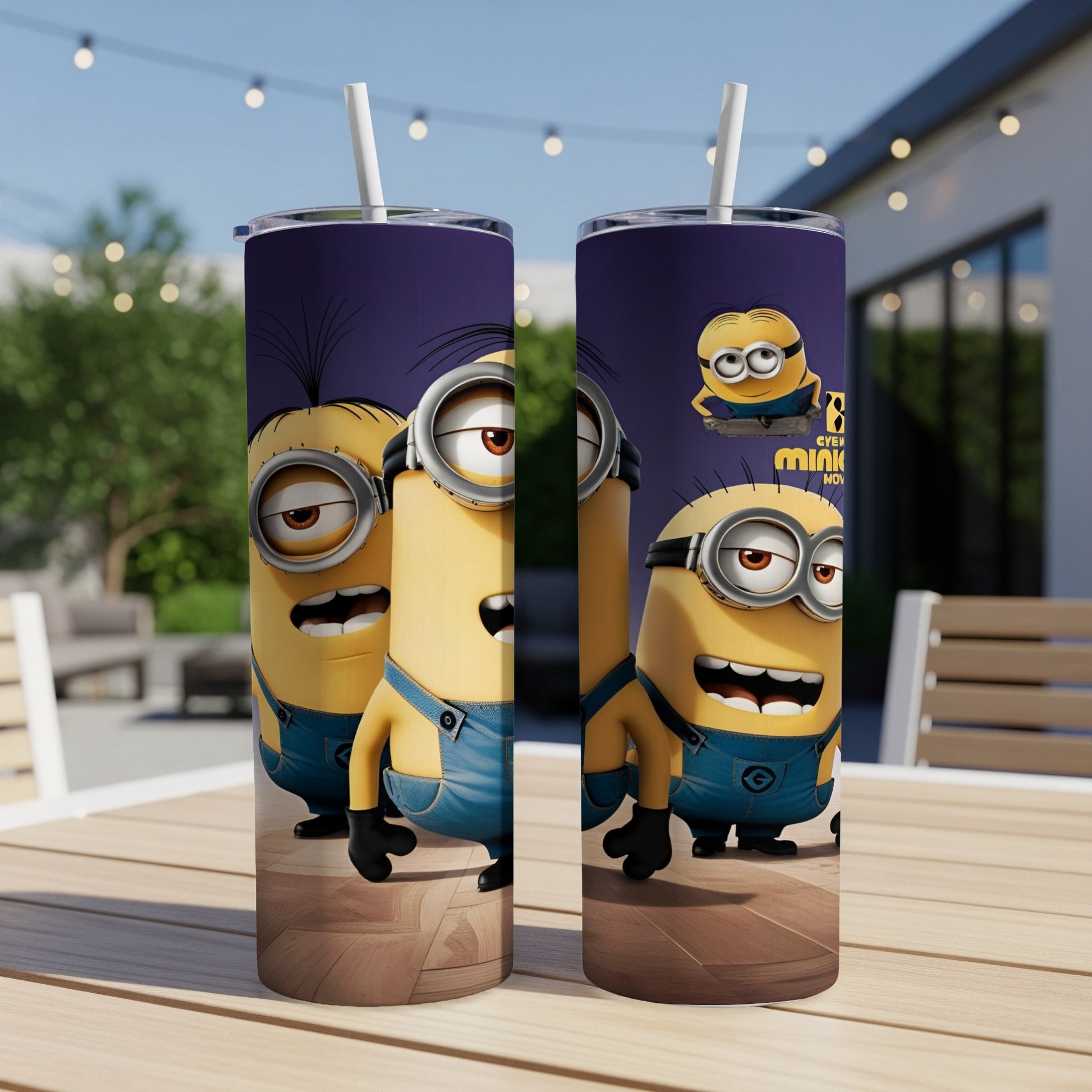 Two Minion characters wearing blue overalls on a purple and yellow tumbler.