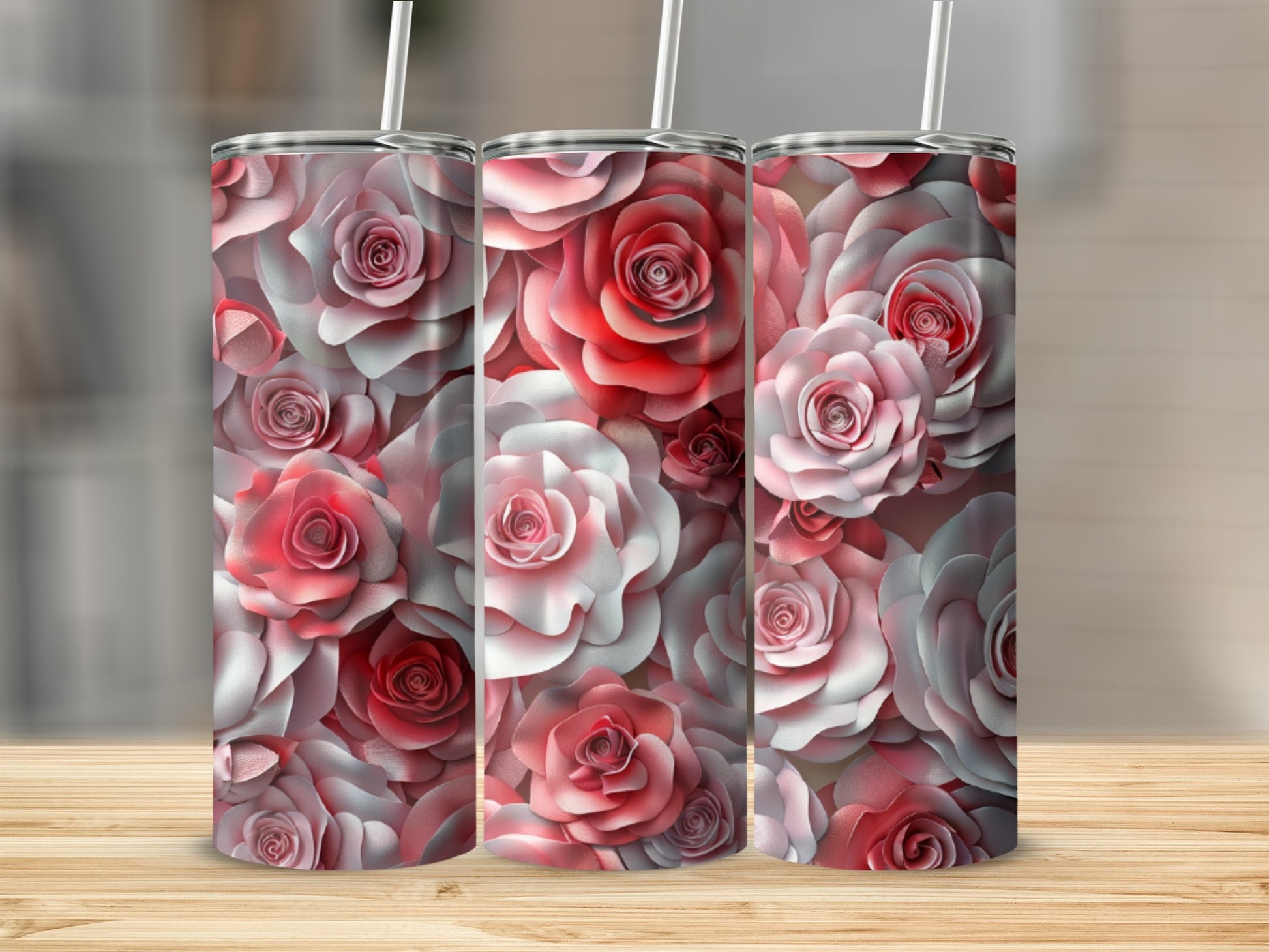 Three seamless tumblers with a detailed red and white rose floral pattern.