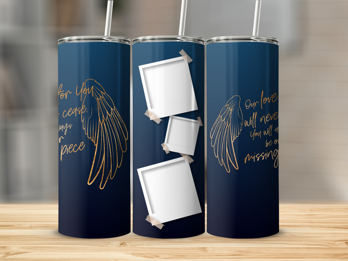 Tumbler with blue background, angel wings, and taped-on photos, featuring memorial text.