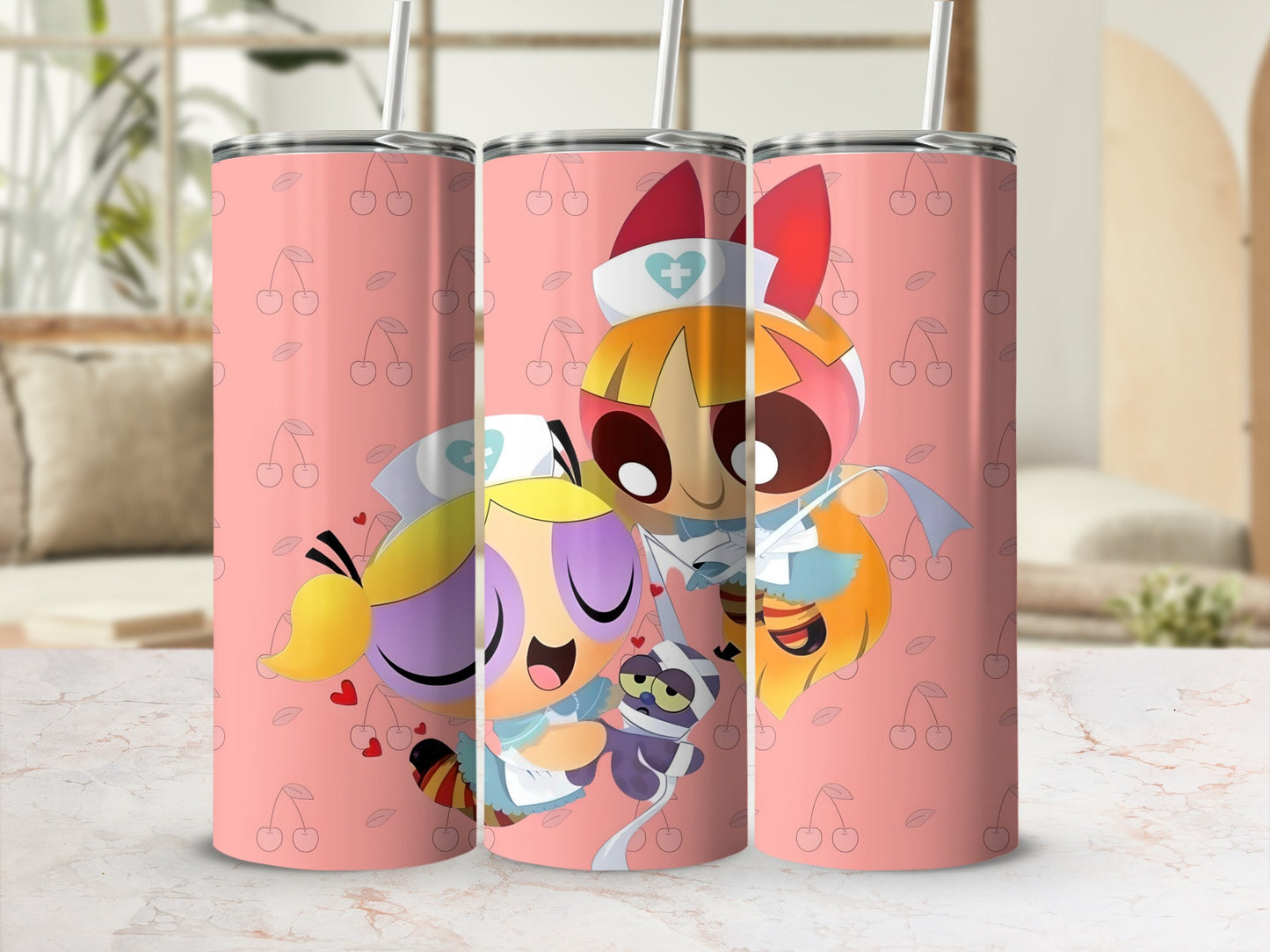 Cartoon Characters with Cherry Patterns Tumbler Cups