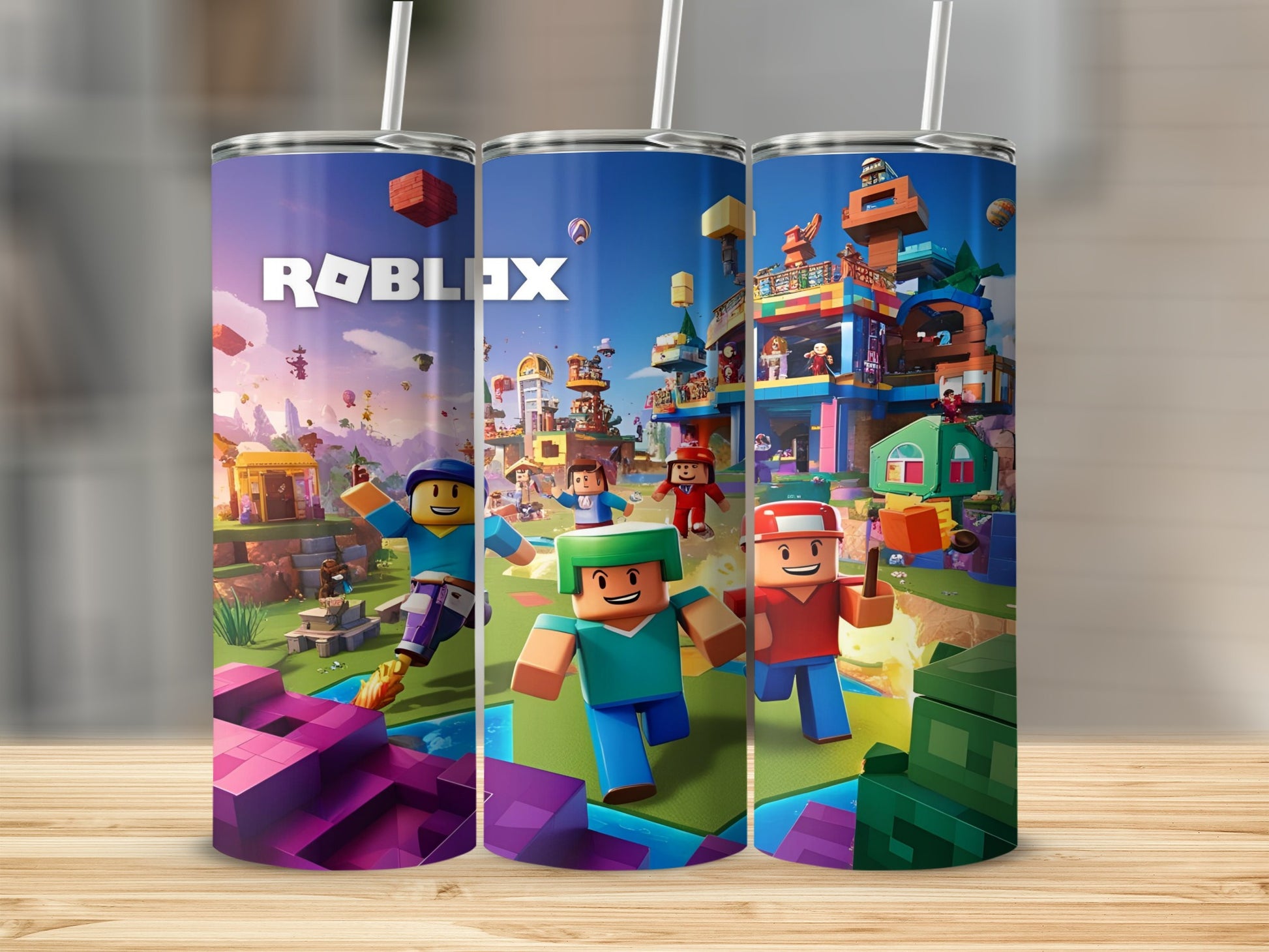 Roblox characters running through a vibrant, blocky game world.