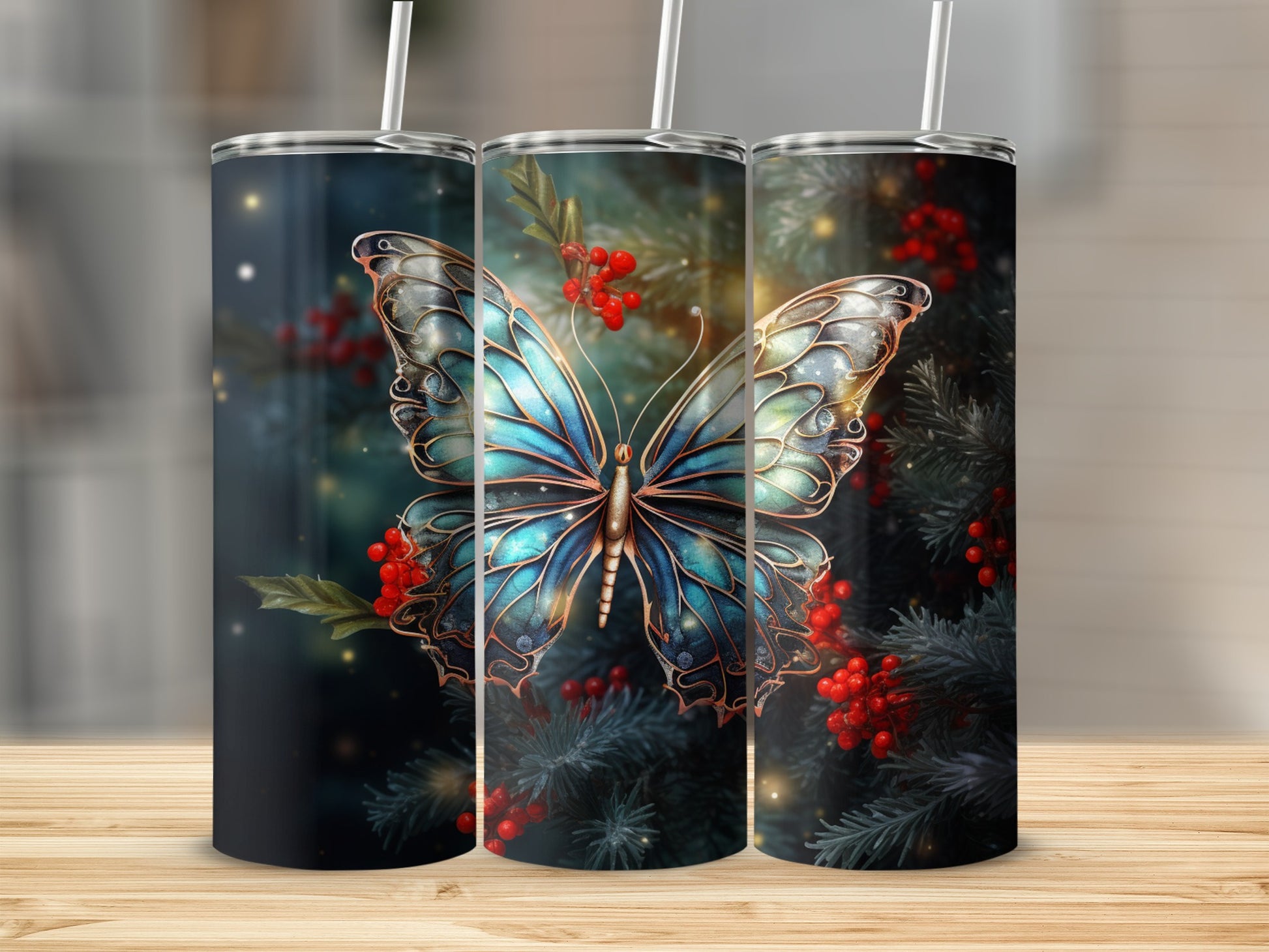 Blue butterfly on a dark background with red berries and pine branches.