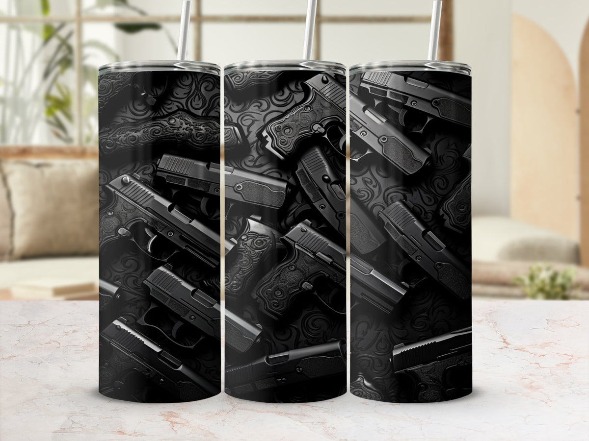 Black tumbler with an all-over pattern of handguns and ornamental scrollwork.