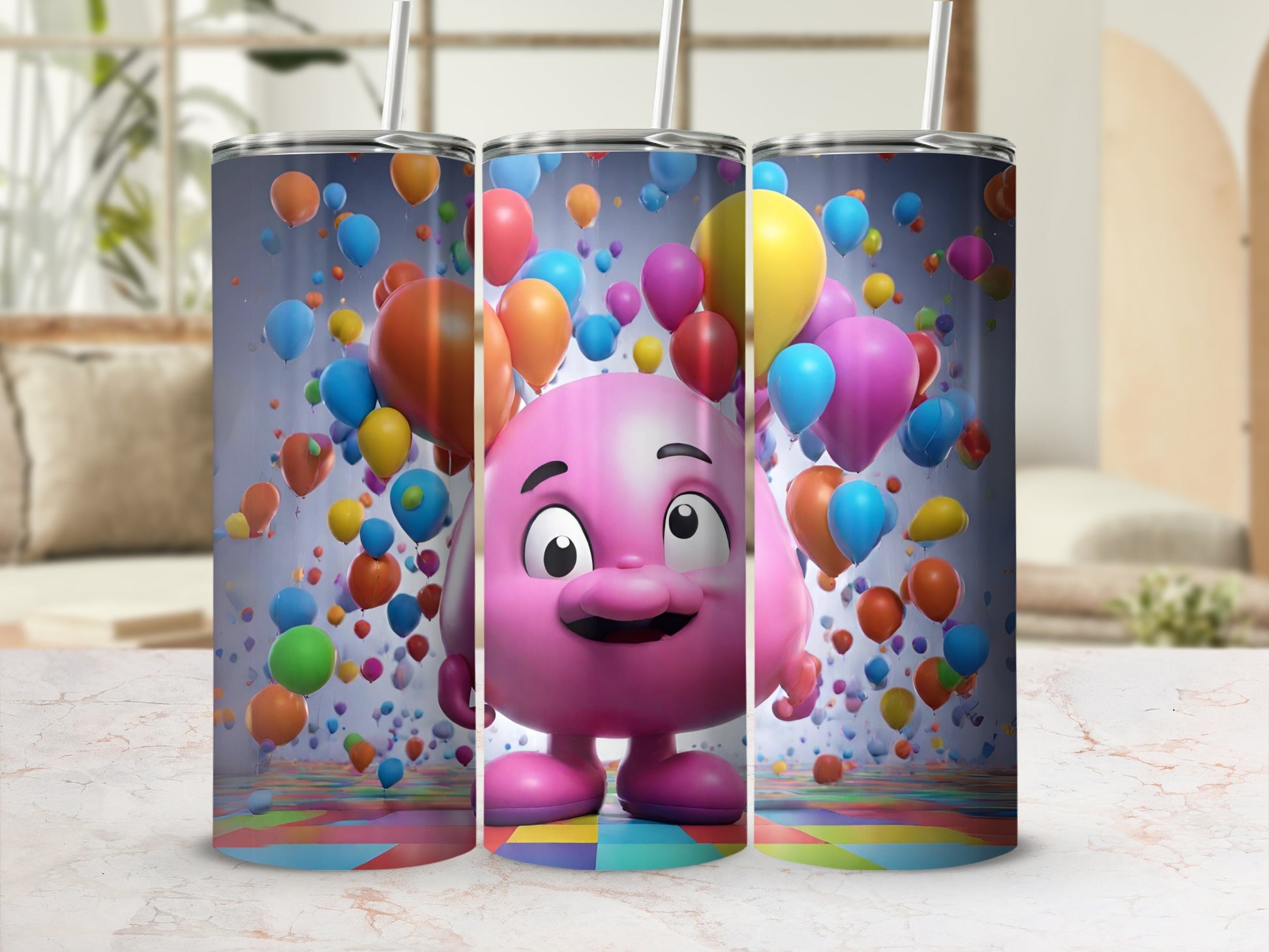 Pink Cartoon Character with Colorful Balloons Tumbler