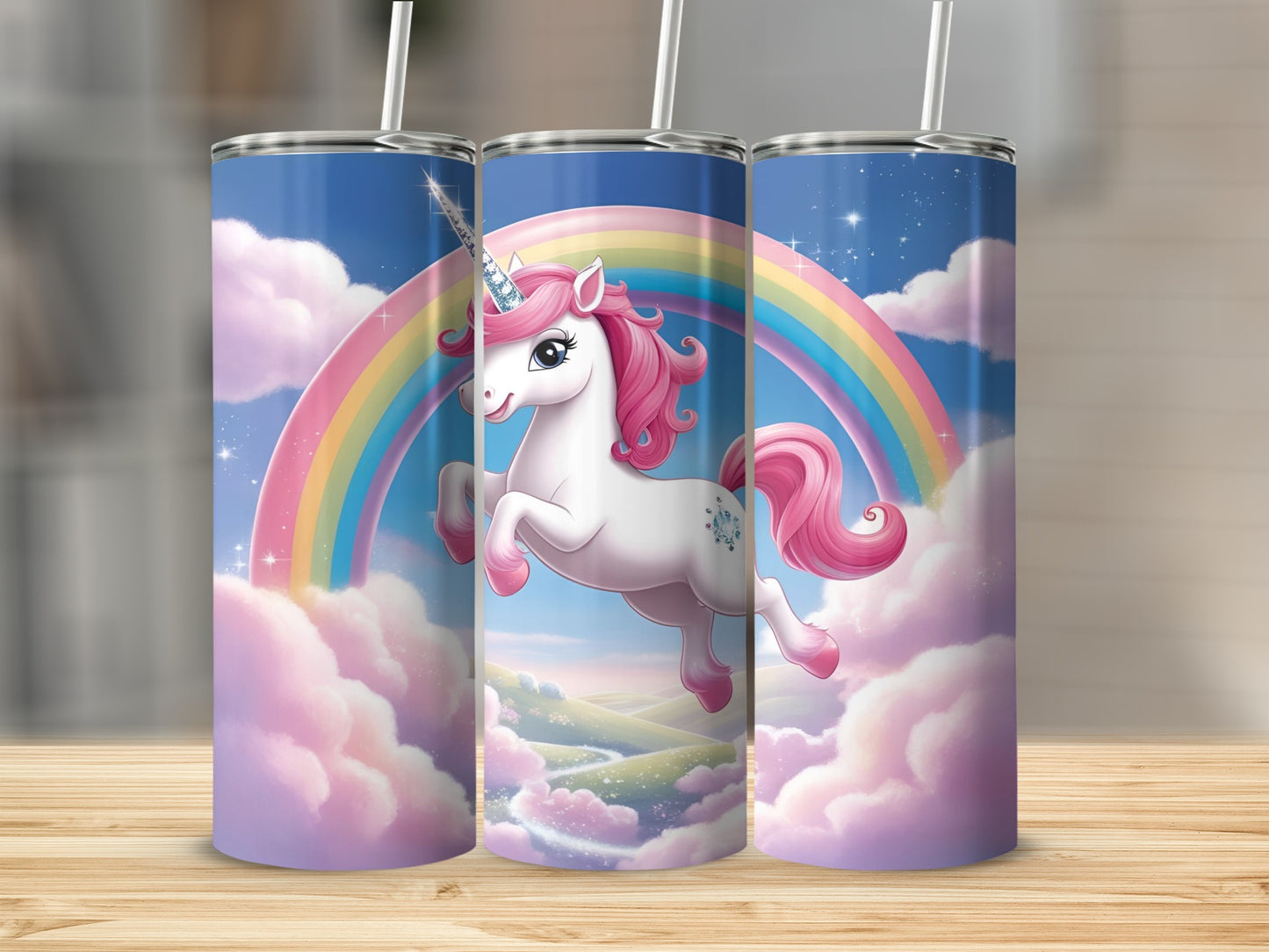 Unicorn with rainbow and clouds on a tumbler wrap.