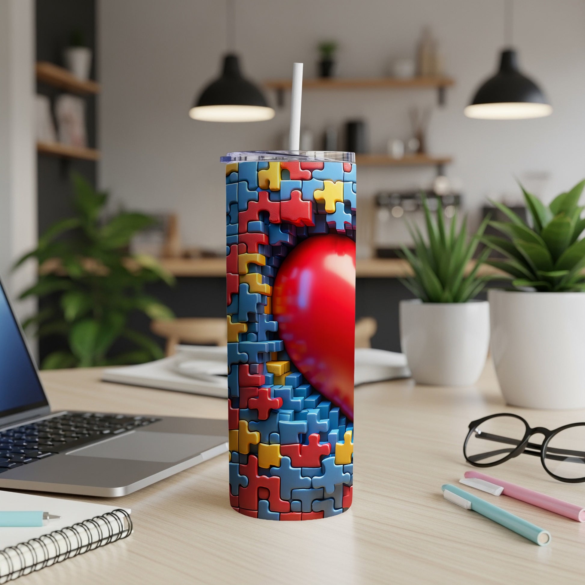 Tumbler with autism puzzle heart design on a desk.