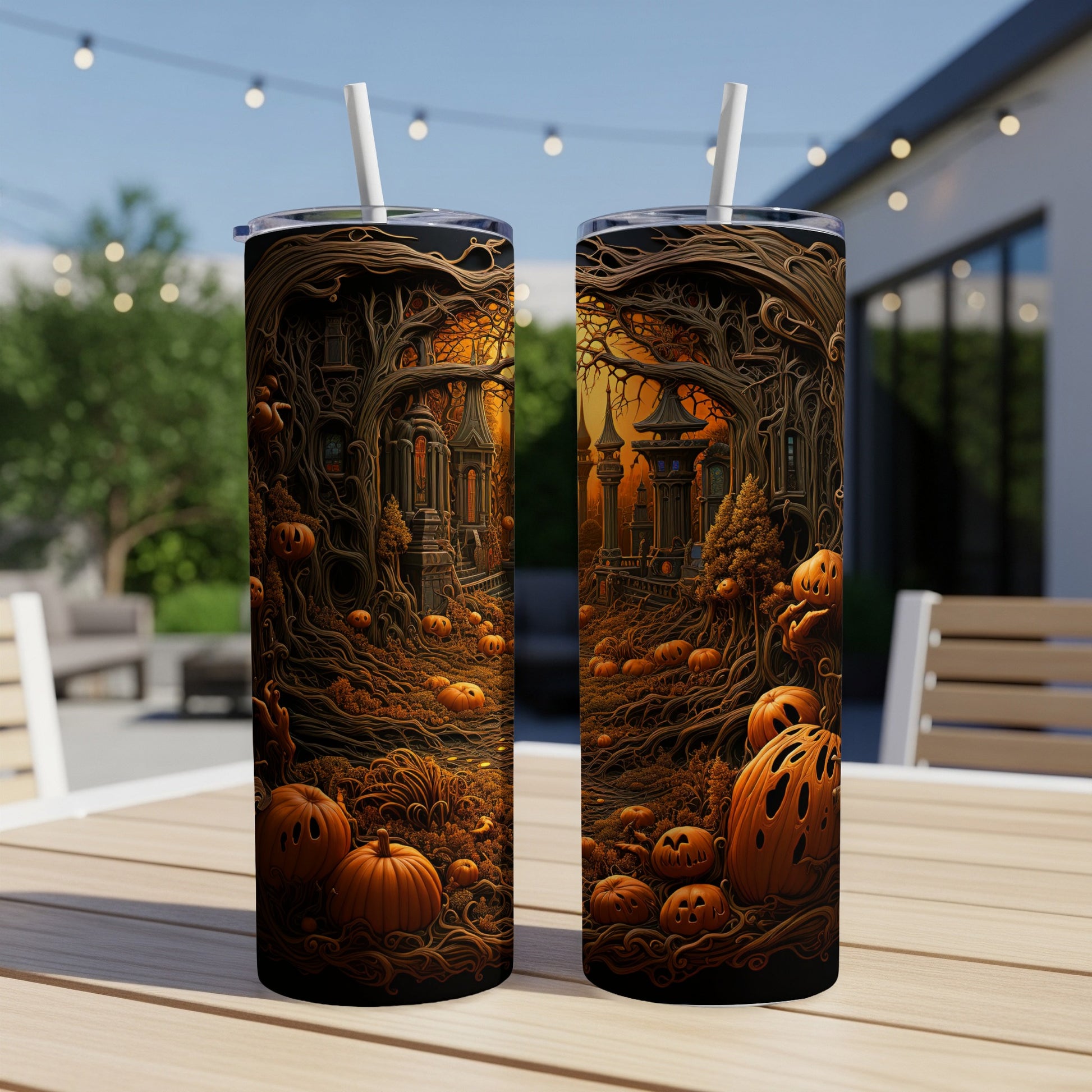Two tumblers feature a spooky Halloween scene with pumpkins and haunted houses.