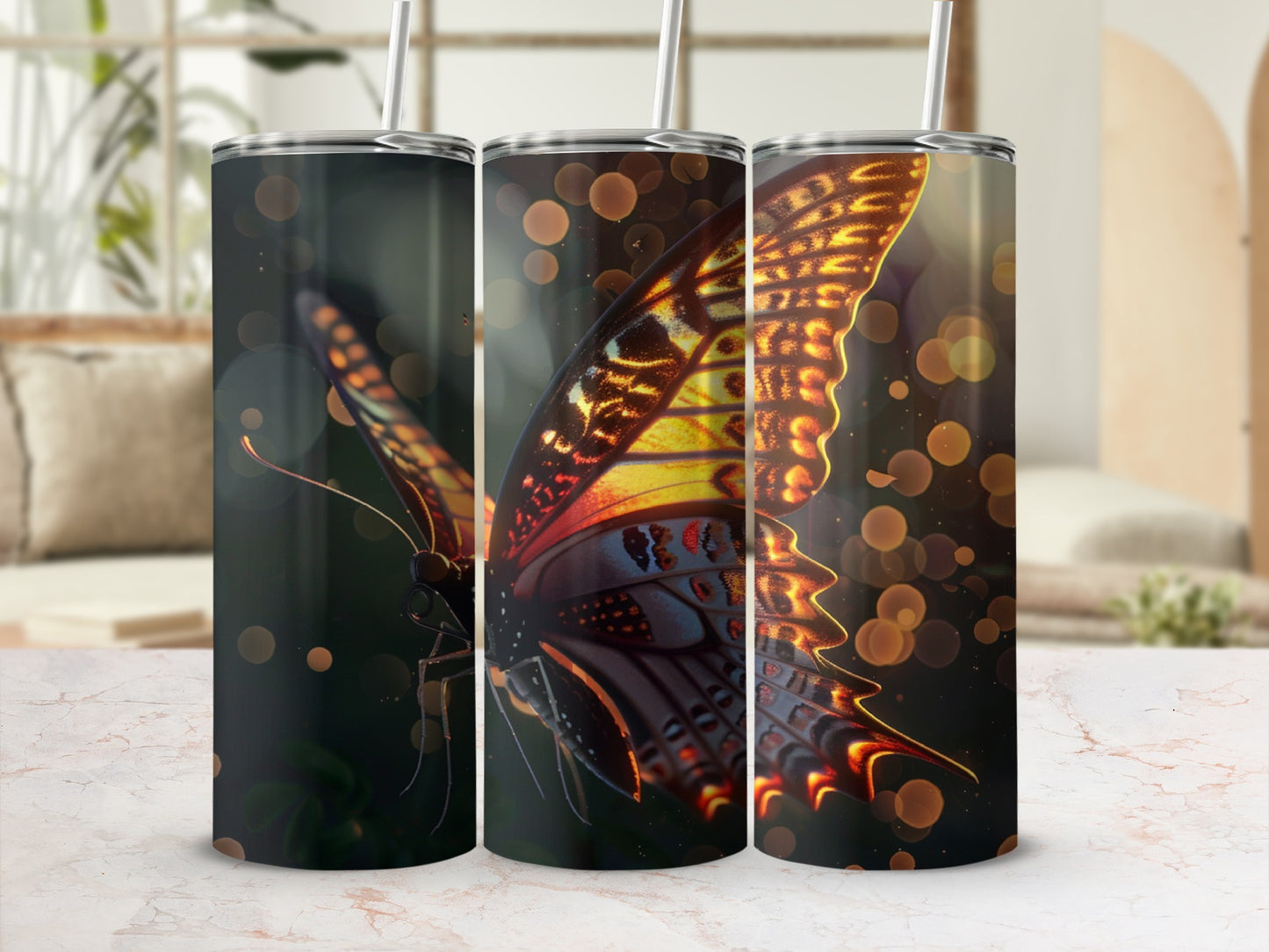 Three tumblers featuring a close-up of a butterfly's wings with bokeh lights.