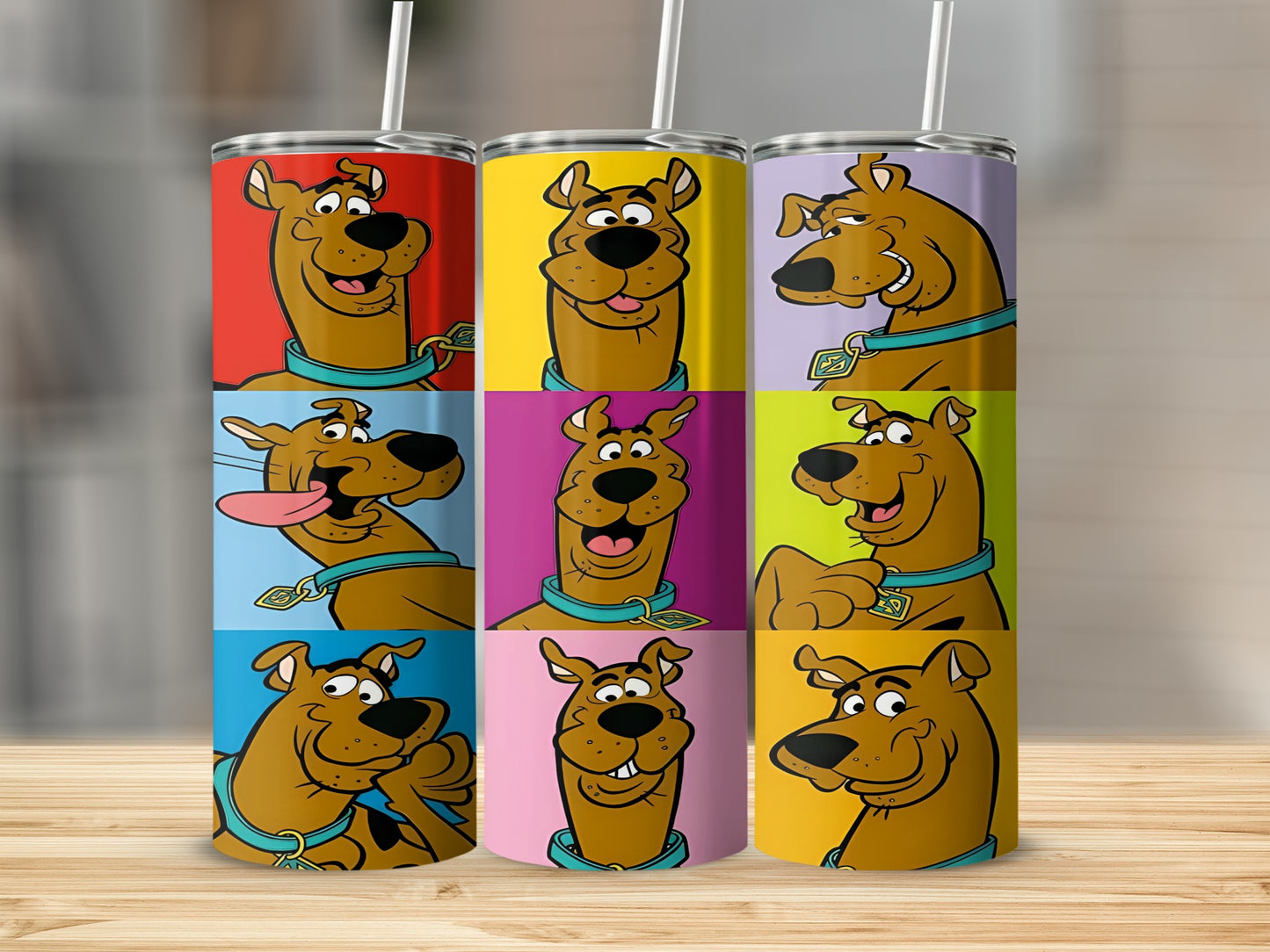 Nine cartoon panels of Scooby-Doo's face on a tumbler.
