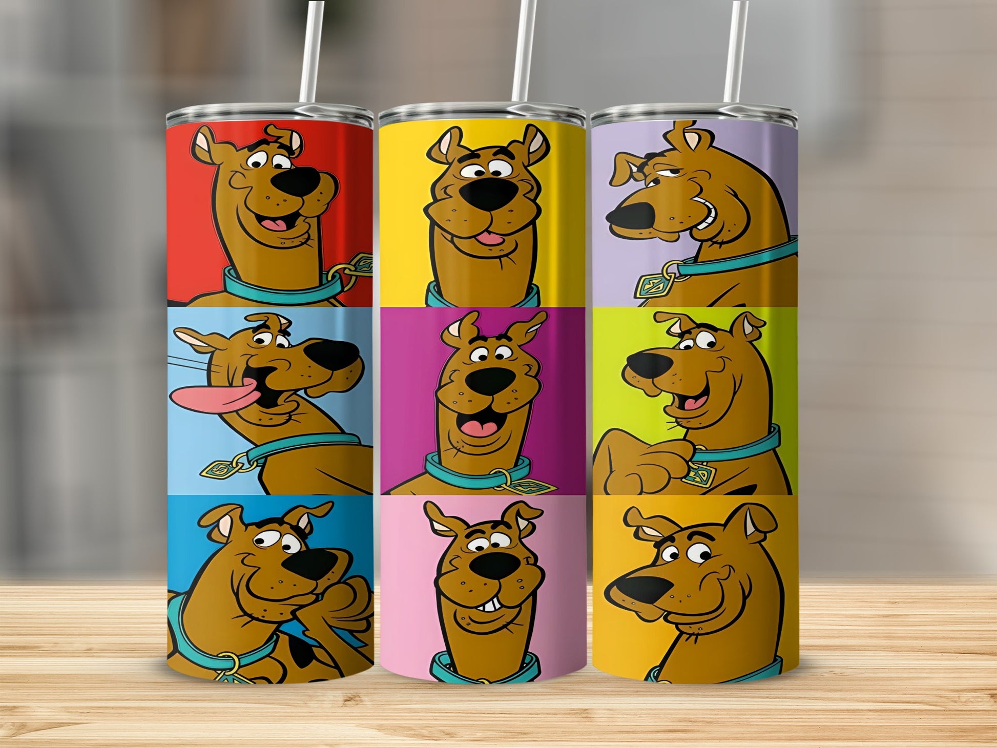 Nine cartoon panels of Scooby-Doo's face on a tumbler.