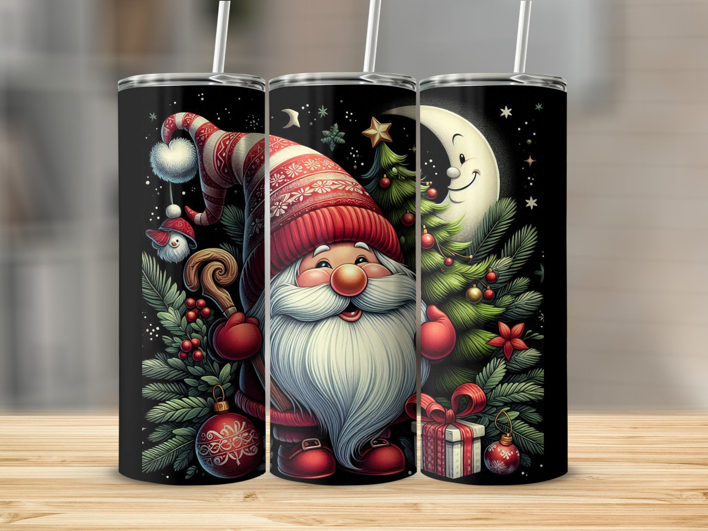 Christmas gnome with gifts, tree, and moon on black tumbler.