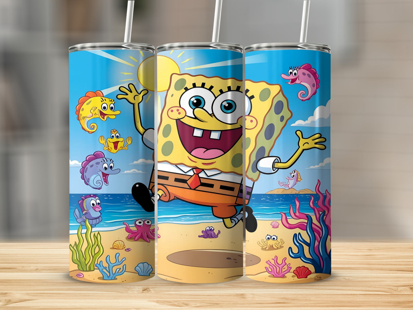 SpongeBob SquarePants cartoon with sea creatures on a beach background.