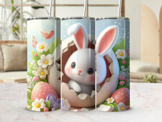 White bunny emerging from cracked Easter egg with flowers and eggs.