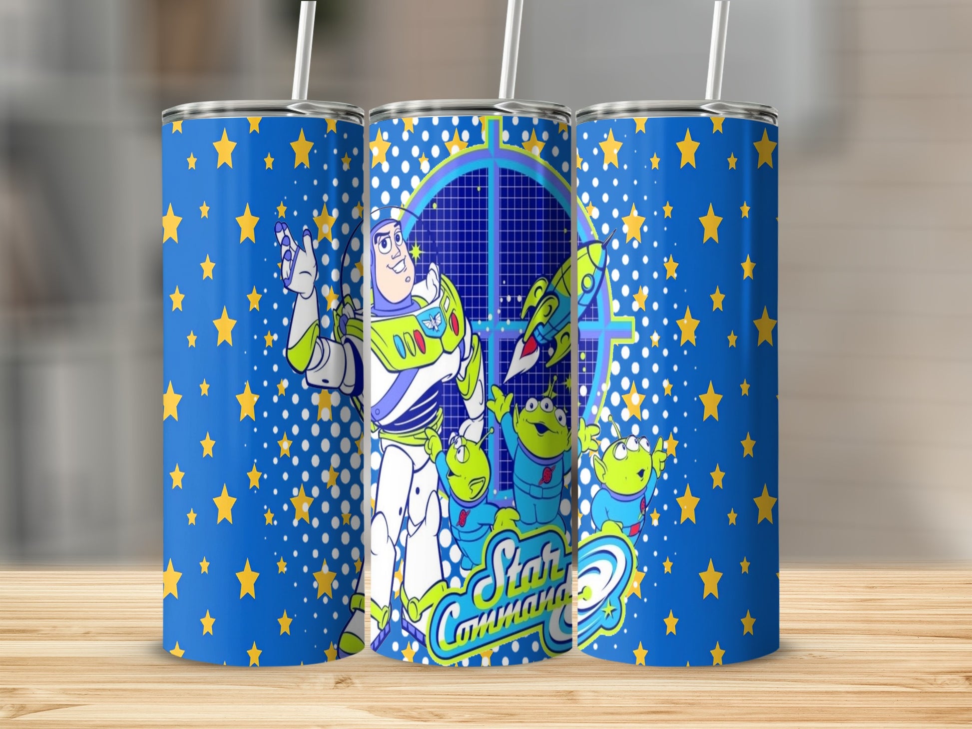 Buzz Lightyear and Aliens on blue tumbler with yellow stars and "Star Command" text.