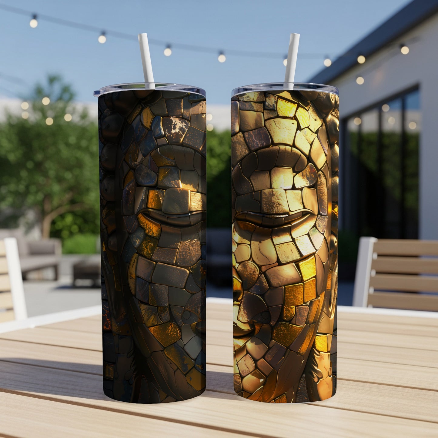 Two decorative tumblers featuring a golden mosaic Buddha face design.