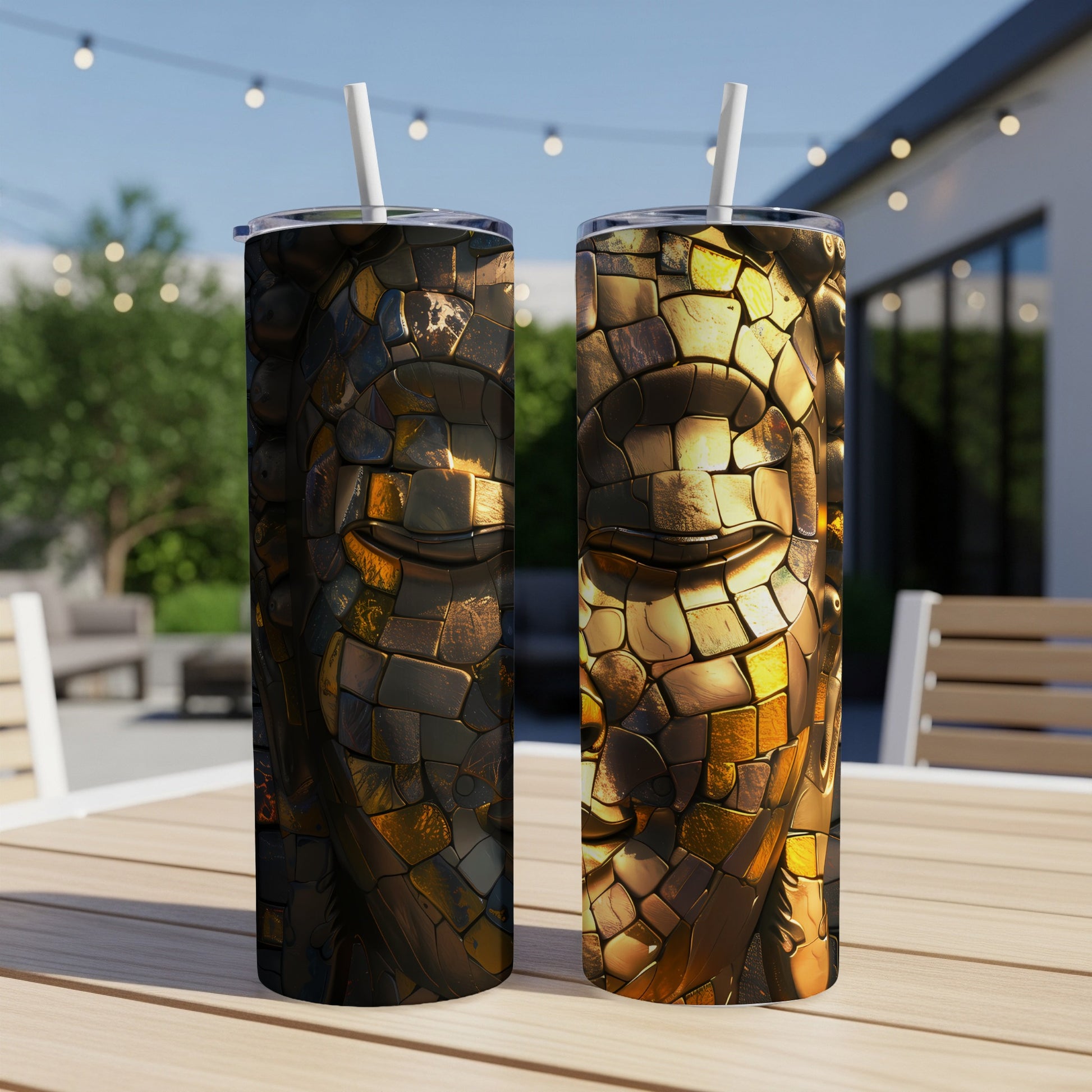 Two decorative tumblers featuring a golden mosaic Buddha face design.