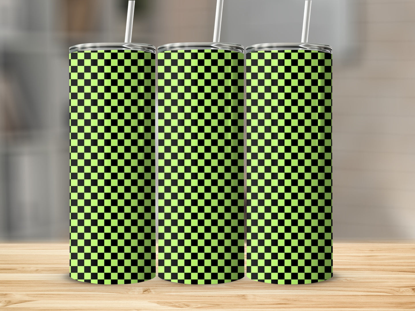 Three tall tumblers with lime green and black checkerboard pattern.