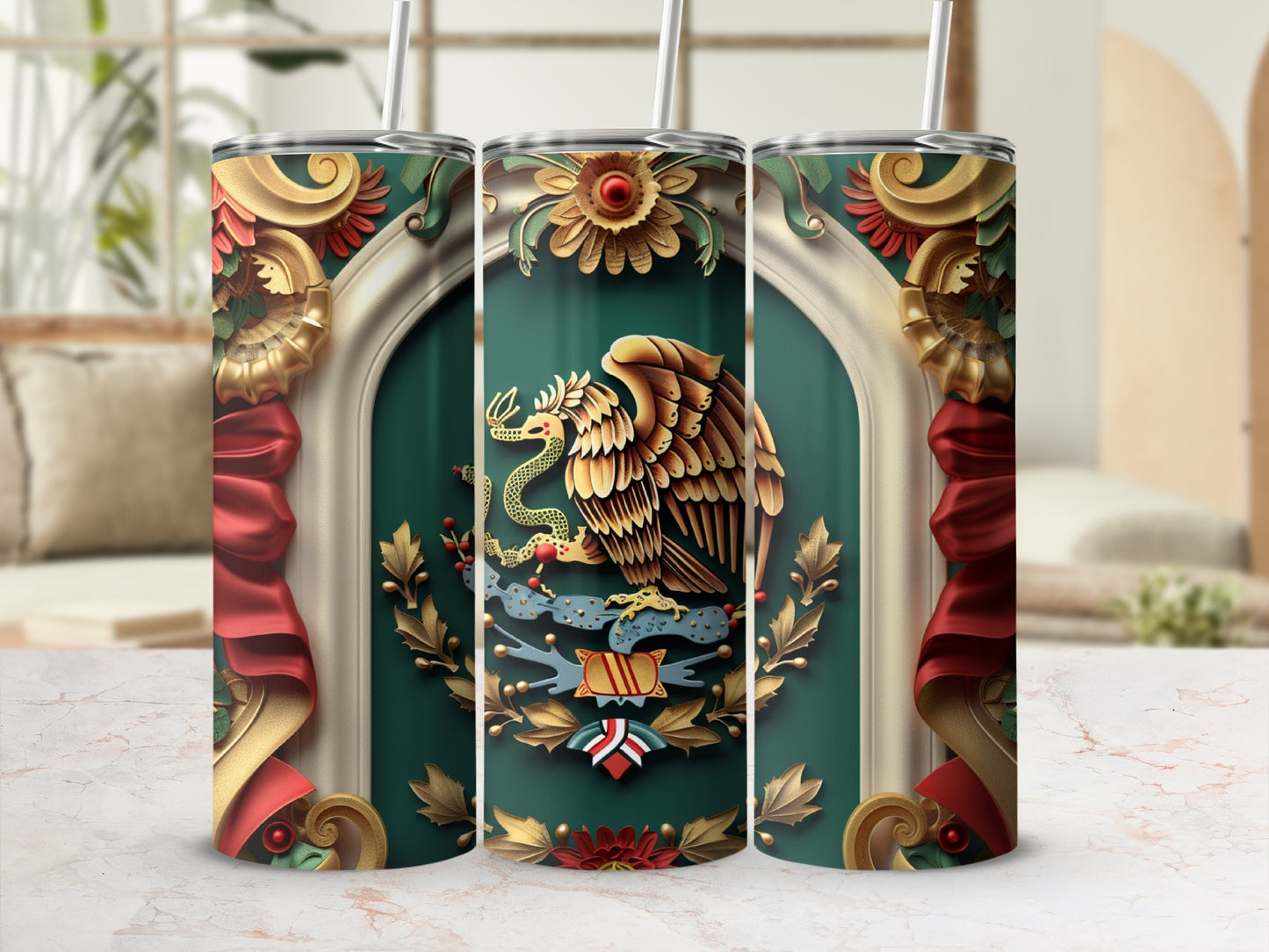 Gold embossed arch framing the Mexican coat of arms on a green background.