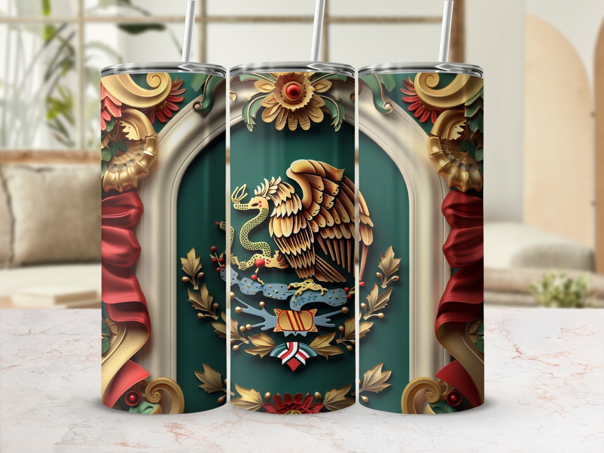 Gold embossed arch framing the Mexican coat of arms on a green background.