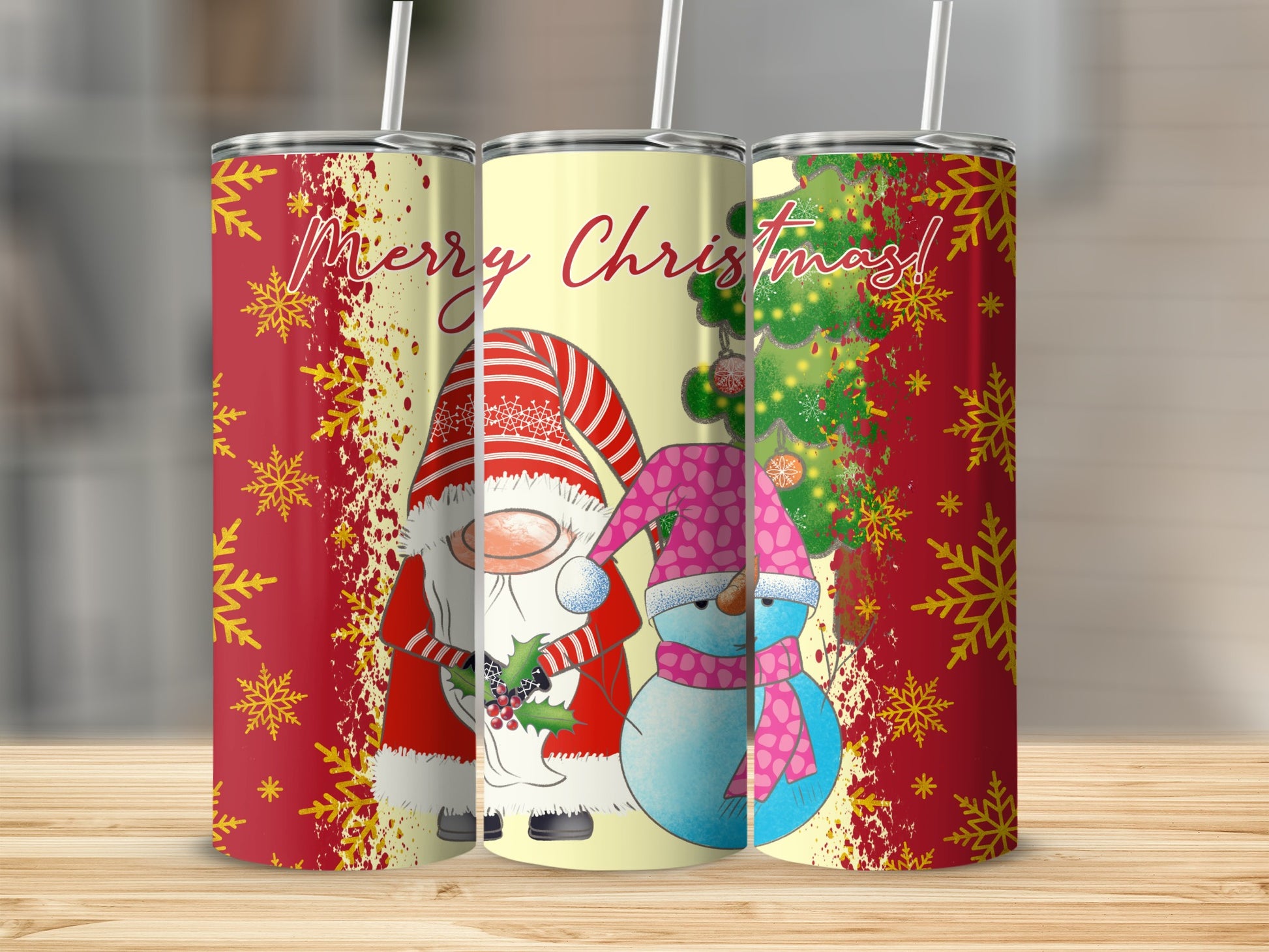 Christmas gnome, snowman, and tree tumbler designs with Merry Christmas text.