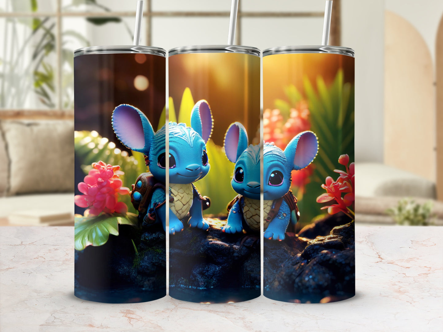 Three blue alien creatures with large ears and turtle shells sit on dark rocks.