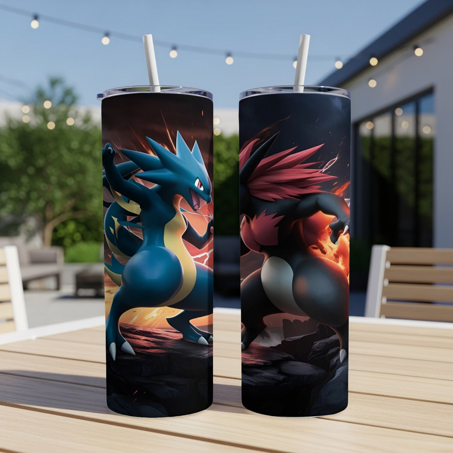 Two Pokemon characters, a blue dragon and a black-red creature, on a tumbler.