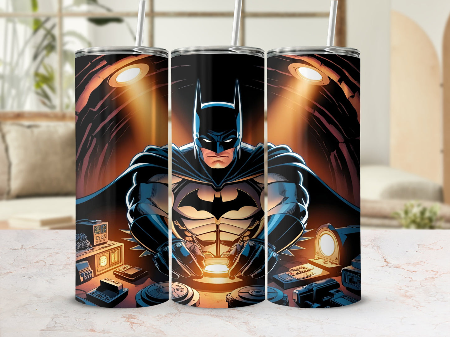 Batman superhero sitting at a console with glowing lights.