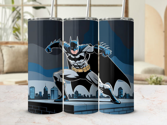 Three tumblers featuring Batman in a dynamic pose on a rooftop.