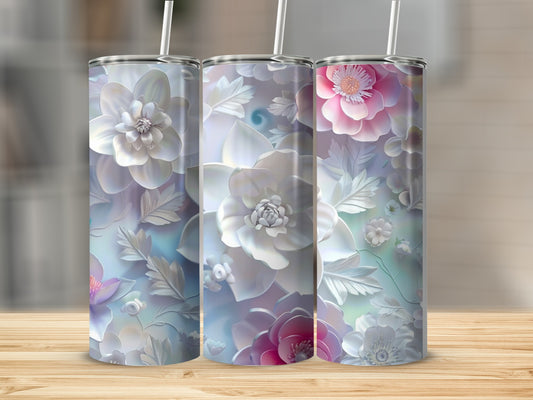 Three tall, translucent tumblers with embossed floral patterns and straws.