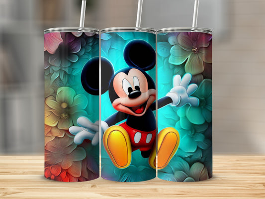Mickey Mouse Tumbler with Vibrant Floral Background