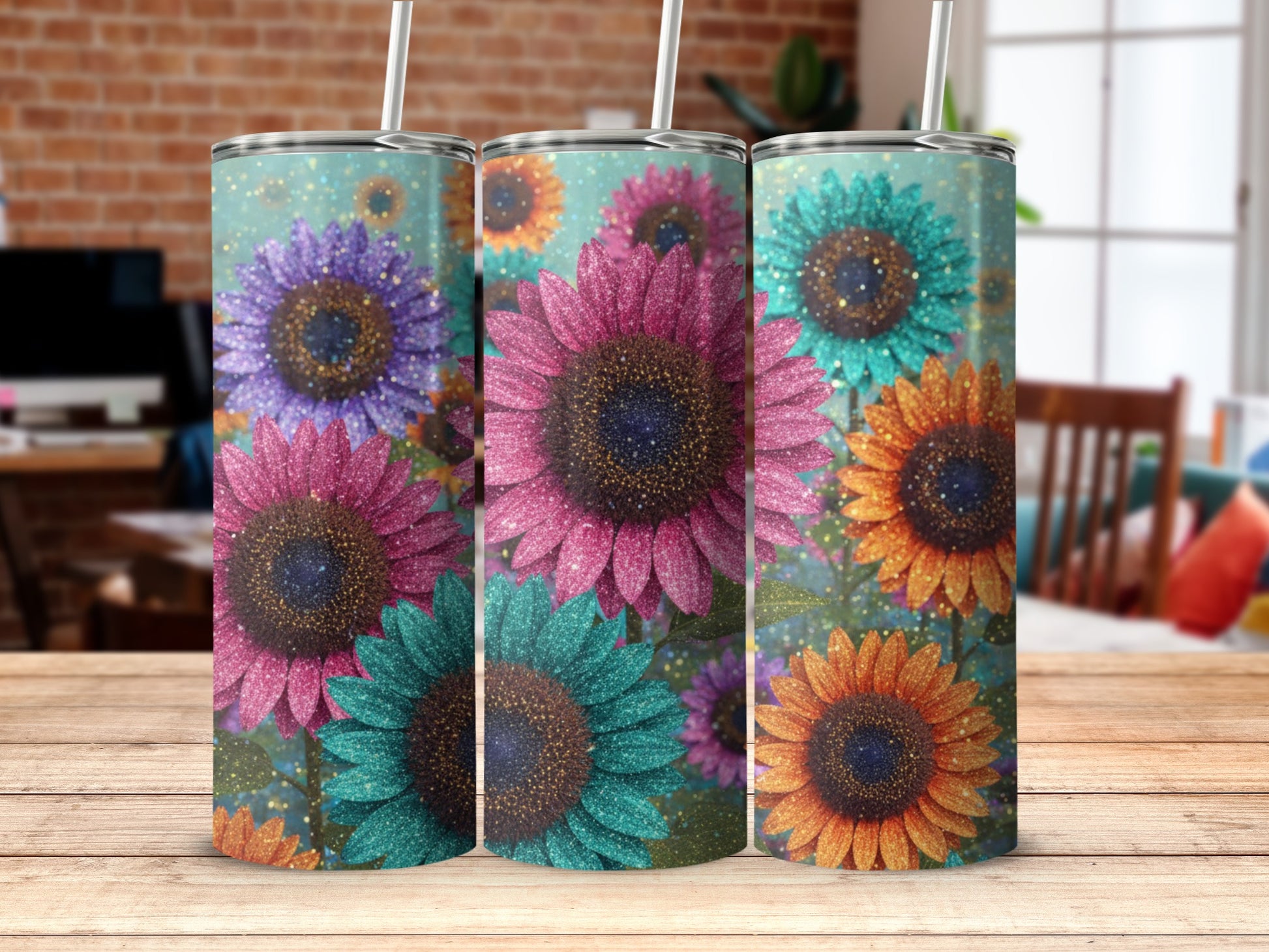 Colorful Sunflower Insulated Tumblers with Straws