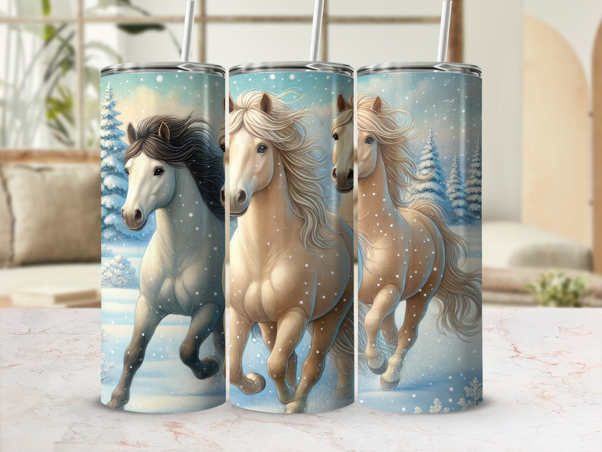 Three horses running through a snowy landscape with trees in the background.