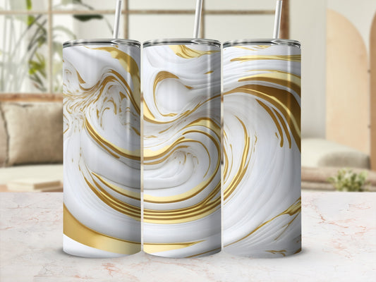 White and gold marbled tumblers with straws on a marble surface.