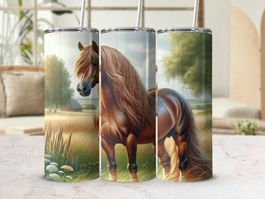 Three tumblers featuring a majestic brown horse in a grassy field.