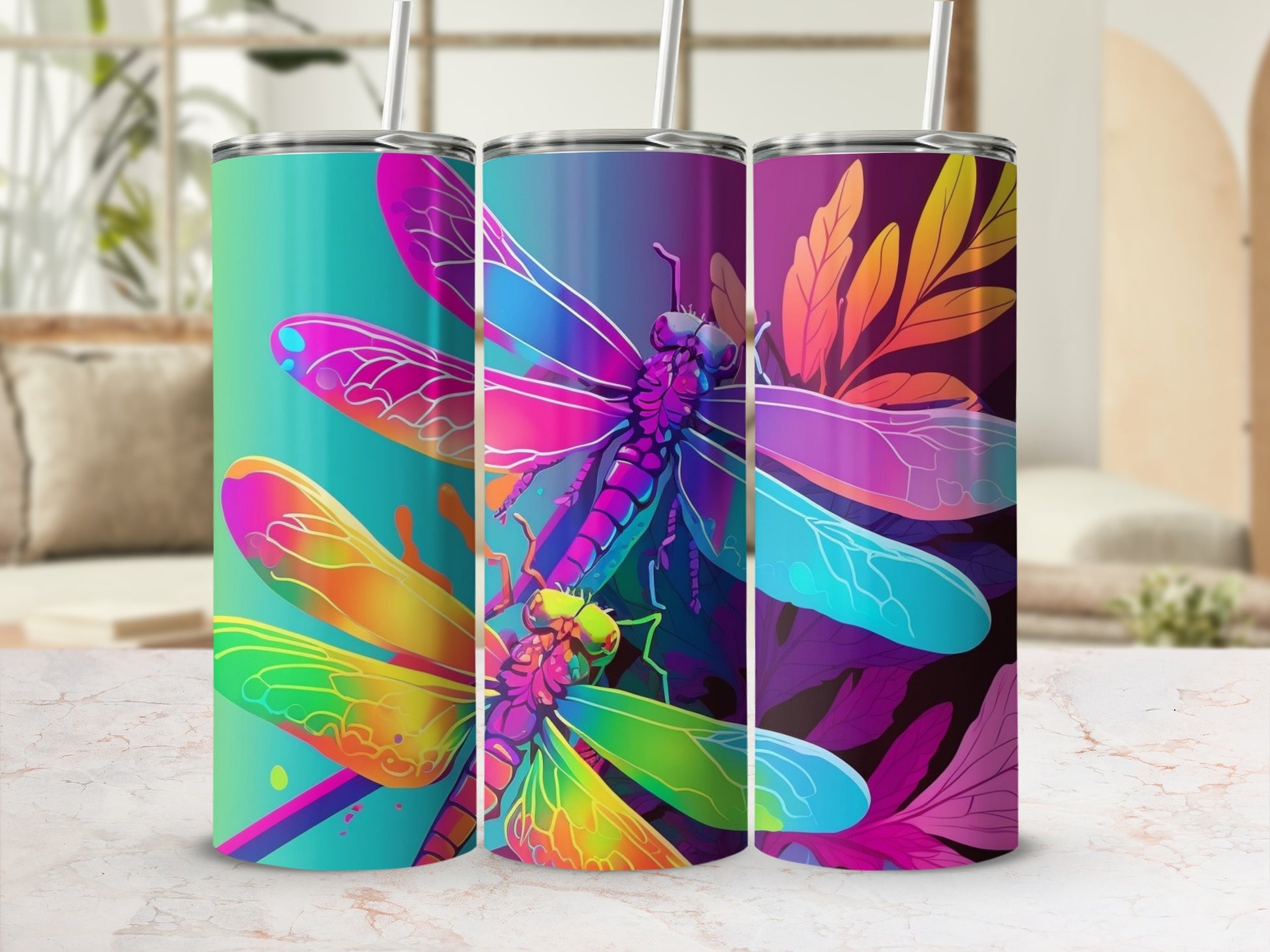 Vibrant Colorful Dragonfly Art Travel Tumbler Set