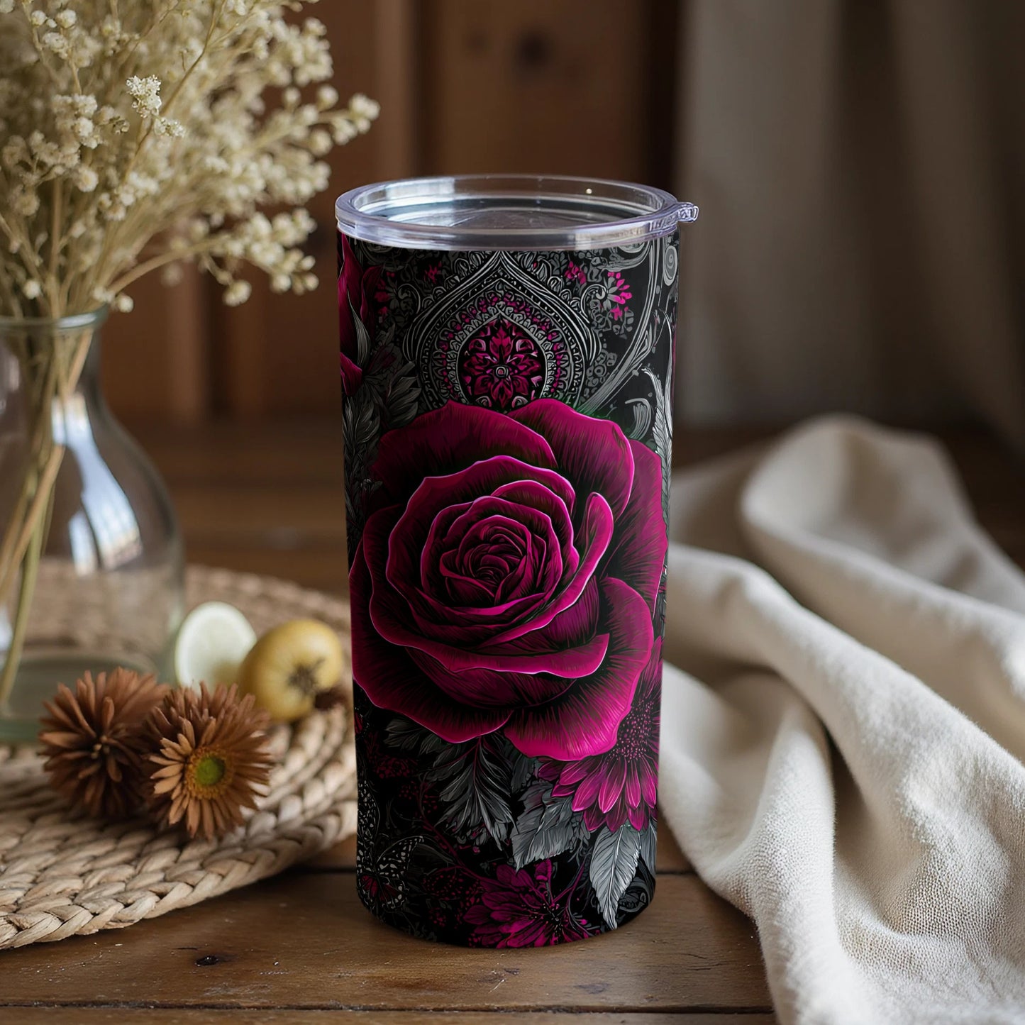Intricate Floral Design Tumbler With Vibrant Pink Rose